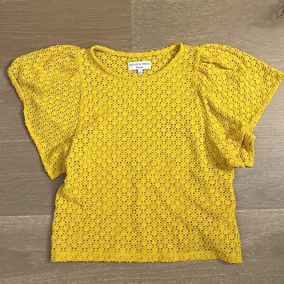 Madewell Texture & Thread Eyelet Flutter-Sleeve Top Mustard Yellow - Picture 2 of 6